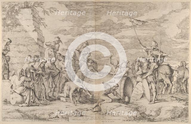 The death of Marcus Atilius Regulus, shown being nailed into a tub by the Carthagi..., ca. 1661-62. Creator: Salvator Rosa.