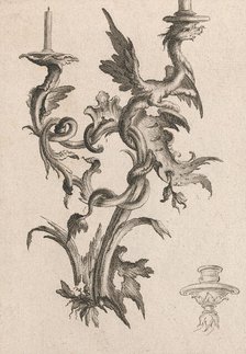 Design for a Two-Armed Candelabra with a Dragon, Plate 1 from an Untitled S..., Printed ca. 1750-56. Creator: Carl Pier.