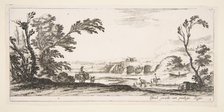 Plate 3: two horsemen crossing a river to right, a woman with two baskets atop a donke..., ca. 1641. Creator: Stefano della Bella.