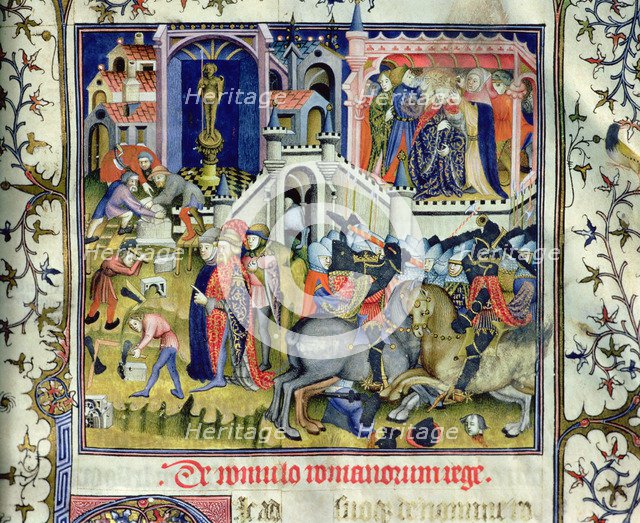 Foundation of Rome (c. 753aC), duel on horseback and coronation of a king. Miniature in 'De viris…