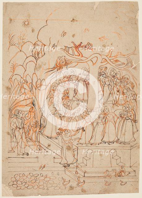 A leaf from a Baramasa series: the month Jyestha (May-June), Krishna watches the Gopis..., c. 1760. Creator: Unknown.