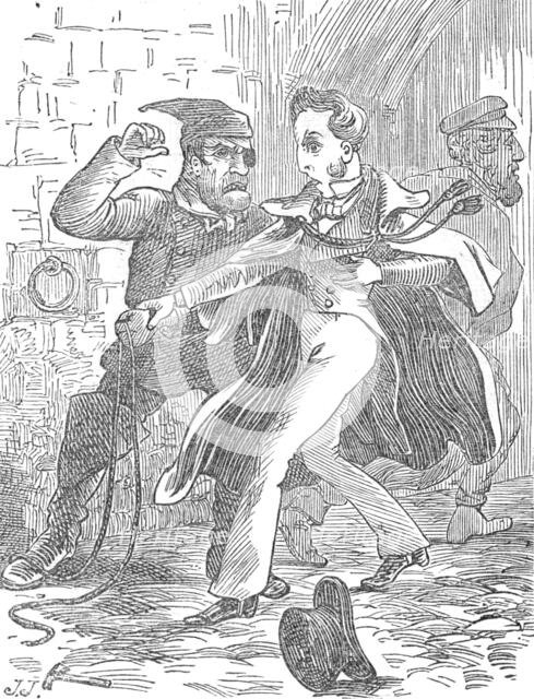 ‘"Fly for your life!' hissed Gaspar in my ear. ‘See, Martin has gone. Coward! Leave go...'", 1872. Creator: J. J..