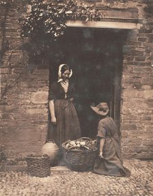[Two Women, One Kneeling and One Standing, Looking into Basket Filled with Vegetables], 1853-56. Creator: John Dillwyn Llewelyn.