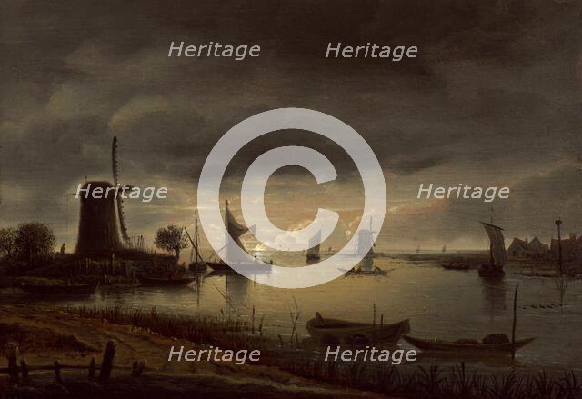 River Scene with Windmill and Boats, Evening, c. 1645. Creator: Anthonie van Borssom.
