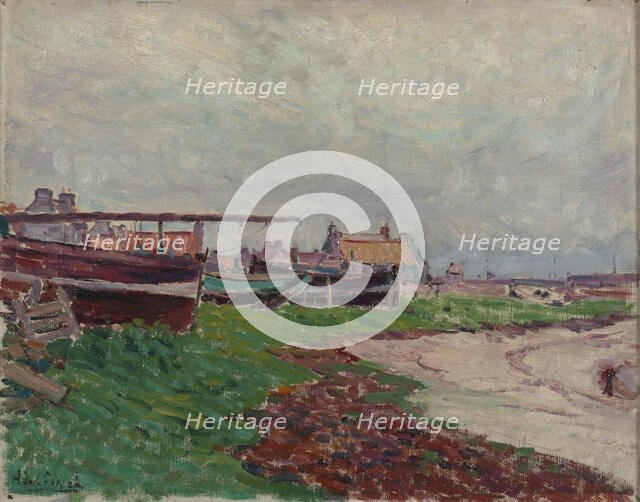 Beach village and boats. Creator: Alfred William Finch.