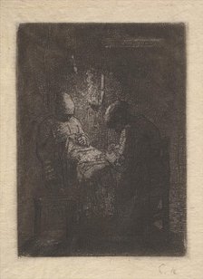 Two Women Sewing by Lamplight, ca. 1853. Creator: Jean Francois Millet.