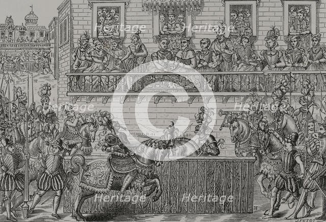 King Henry II of France, (1519-1559) mortally wounded by the Count of Montgomery,.. 1599, (1877). Creator: Unknown.