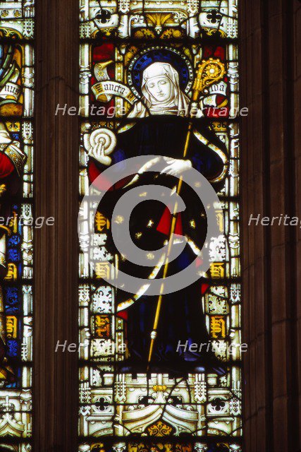 St. Hilda of Whitby holding an ammonite, West window, Hereford Cathedral, 20th century. Artist: CM Dixon.