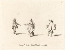 Lady with Outstretched Arm, Seen from Behind, and Two Gentlemen, probably 1634. Creator: Jacques Callot.