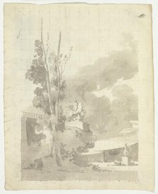 View of the Park at Versailles: Terrace, Trees and Equestrian Statue, n.d. Creator: Pierre Antoine Mongin.