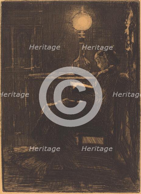 Liseuse à la Lampe (Woman Reading by Lamplight), 1879. Creator: Felix Hilaire Buhot.