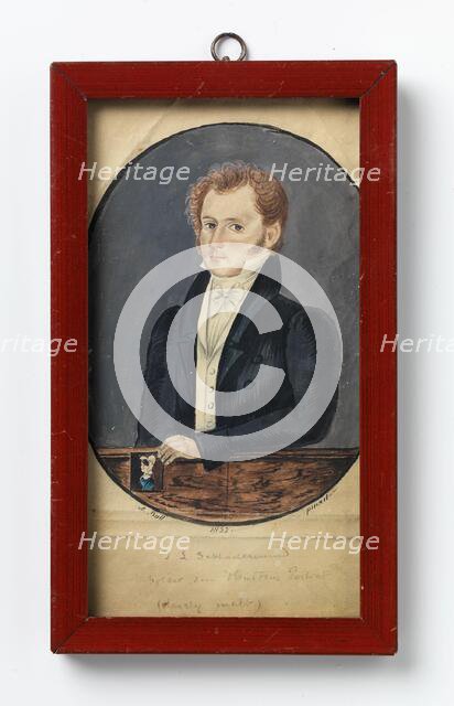 Johann Ludolph Schladermund holding his Wife's Portrait (poorly painted), 1832. Creator: A. Bull.