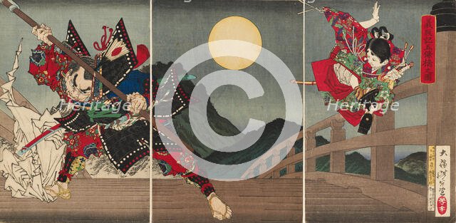 Yoshitsune and Benkei at Gojo Bridge, 1881. Creator: Tsukioka Yoshitoshi.