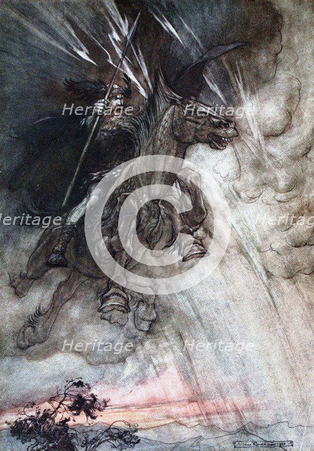 Furiously Wotan is riding to the rock. Illustration for The Rhinegold and The Valkyrie by Richard  Artist: Rackham, Arthur (1867-1939)