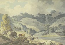 Mountain landscape, a girl on horseback on the path, two cows on the left, 1784. Creator: Francis Wheatley.