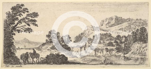 A mule carrying a woman and a peasant walking with a mule to left, a fisherman to righ..., ca. 1641. Creator: Stefano della Bella.