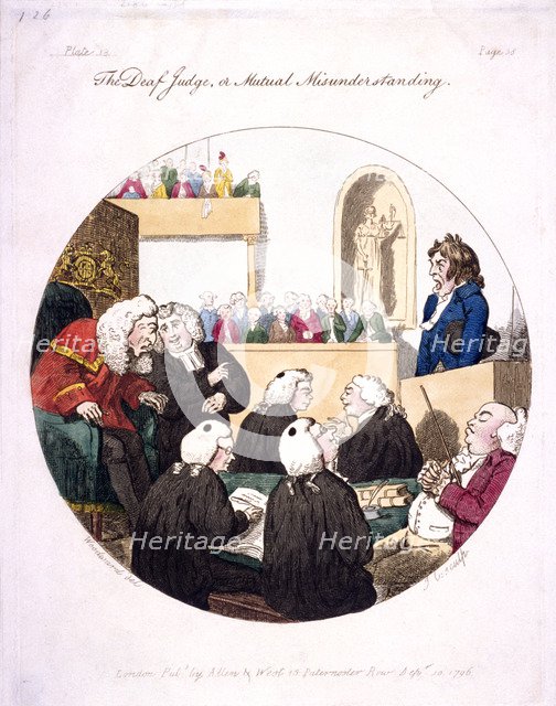'The deaf judge, or mutual misunderstanding', Old Bailey, London, 1796. Artist: Isaac Cruikshank