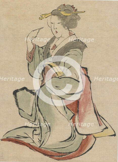 Woman facing the right, beckoning, late 18th-early 19th century. Creator: Hokusai.