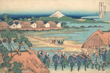 Fuji Seen in the Distance from Senju Pleasure Quarter (Senju kagai yori chobo no Fu..., ca. 1830-32. Creator: Hokusai.