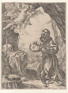 Saint Francis of Assisi, kneeling before a crucifix with two angels at upper left, 1643-44. Creator: Domenico Maria Canuti.