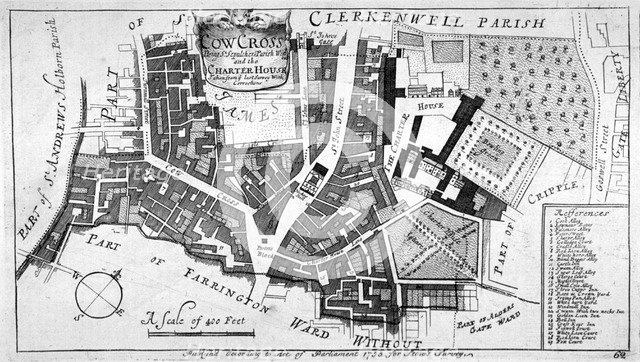 Map of Charterhouse and Cow Cross showing adjoining parishes and wards, London, 1755.                Artist: Anon