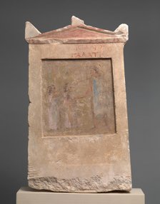 Painted limestone funerary slab with a soldier and two girls, 2nd half of 3rd century B.C. Creator: Unknown.