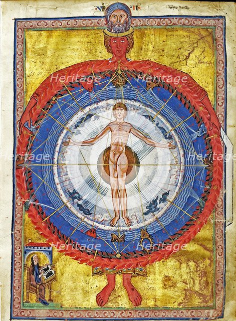 The Cosmic Spheres and Human Being. (Vision from Liber Divinorum Operum), ca 1220-1230.