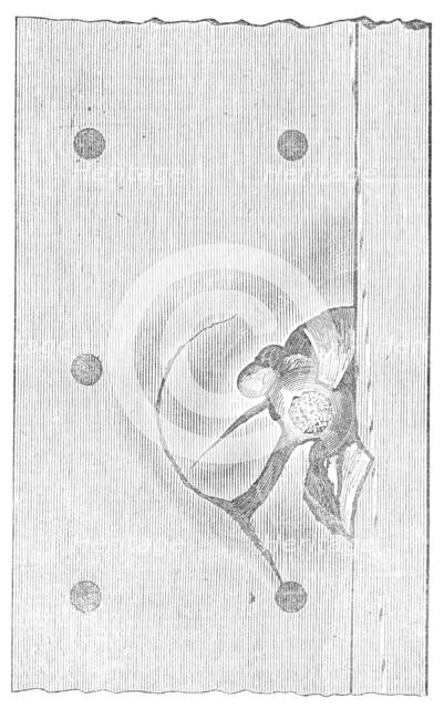 The late trial of ship artillery and armour: effects of the shot on the Glatton Turret, 1872. Creator: Unknown.