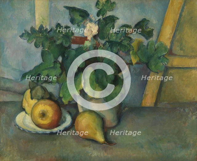 Pot of Primroses and Fruit, c. 1889. Creator: Cézanne, Paul (1839-1906).
