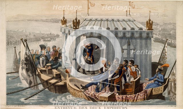 Meeting of Emperors Alexander I of Russia and Napoleon I of France at the Neman near Tilsit on July  Artist: Debret, Jean-Baptiste (1768-1848)