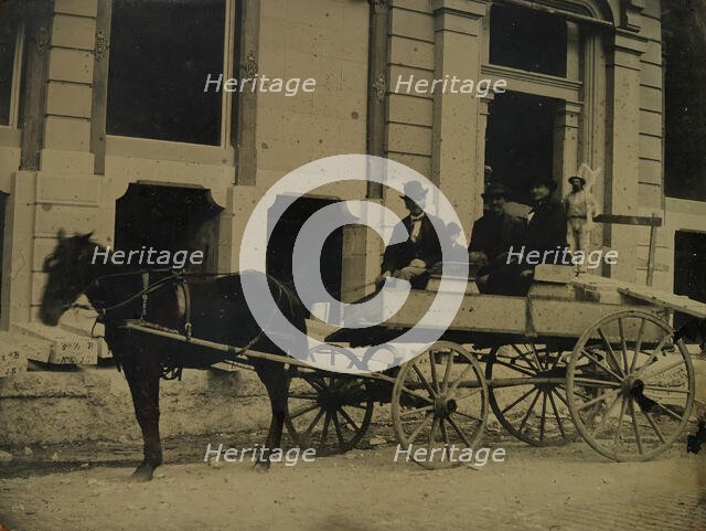Three Men Seated in a Horse-Drawn Buggy in Front of a Building Under Construction, 1850s-60s. Creator: Unknown.