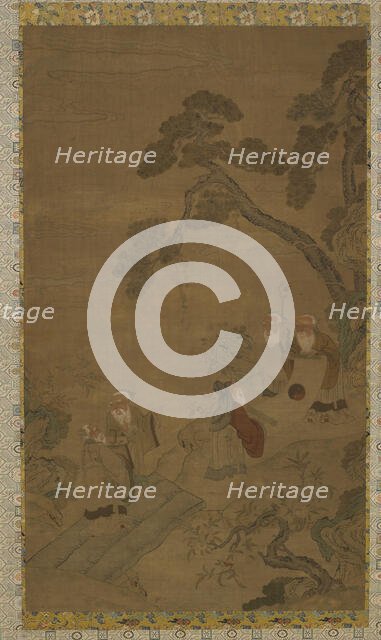 Tapestry: five sages in a garden under pines, Ming dynasty to Qing dynasty, 1368-1911. Creator: Unknown.