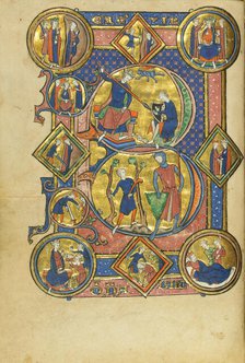 Initial B: David Playing the Harp and David and Goliath; Wenceslaus Psalter, about 1250-1260. Creator: Unknown.