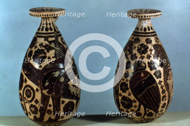 Corinthian vases decorated with black figures of animals, fantastic creatures and floral motifs.