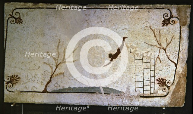 Painting showing a man jumping off a springboard at the Tomb of Jumper, Greek painting italic-inf…