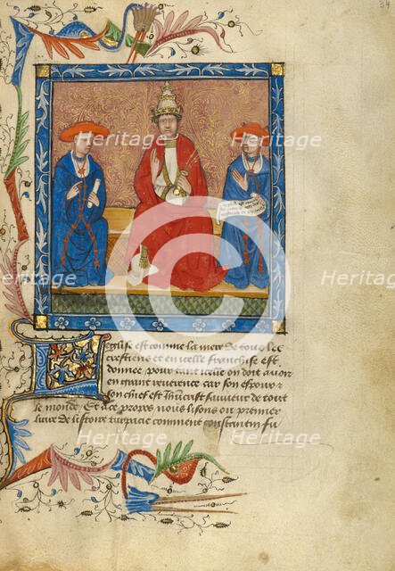 A Pope Flanked by Two Cardinals; Livre de Bonnes Meurs, about 1430. Creator: Unknown.