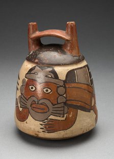 Double Spout Vessel Depicting Costumed Figure with Bird Attributes, Holding a Staff, 180 B.C./A.D. 5 Creator: Unknown.