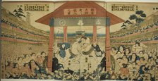 Procession of Wrestlers for a Fundraising Match (Kanjin ozumo dohyo-iri no zu), early 1850s. Creator: Utagawa Yoshimune.