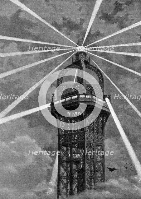 The electric light on top of the Eiffel Tower, Paris, 1889. Artist: Unknown