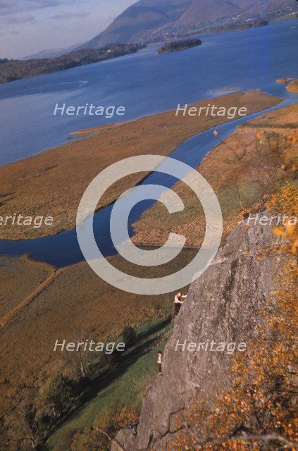 Climbers on Shepherds Crag, Derwentwater, Borrowdale, Lake District, Cumberland, 20th century. Artist: CM Dixon.