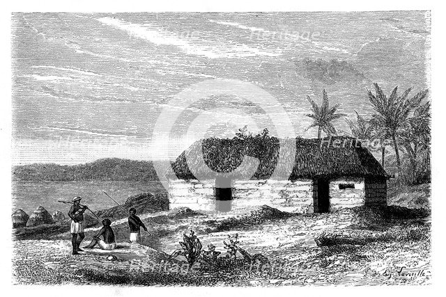 Hut at the edge of Lake Tanganyika, Congo, 19th century.Artist: Lavielle