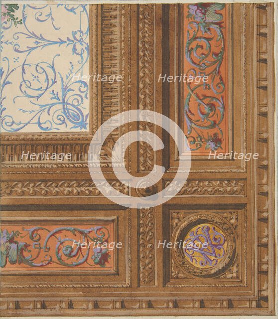 Design for the painted decoration of a coffered ceiling with initials: VR, 1830-97. Creators: Jules-Edmond-Charles Lachaise, Eugène-Pierre Gourdet.