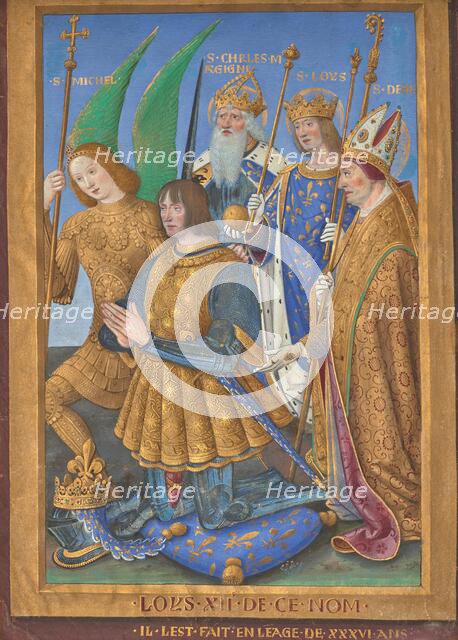 Louis XII of France Kneeling in Prayer, Accompanied by Saints Michael, Charlemagne..., 1498/1499. Creator: Jean Bourdichon.