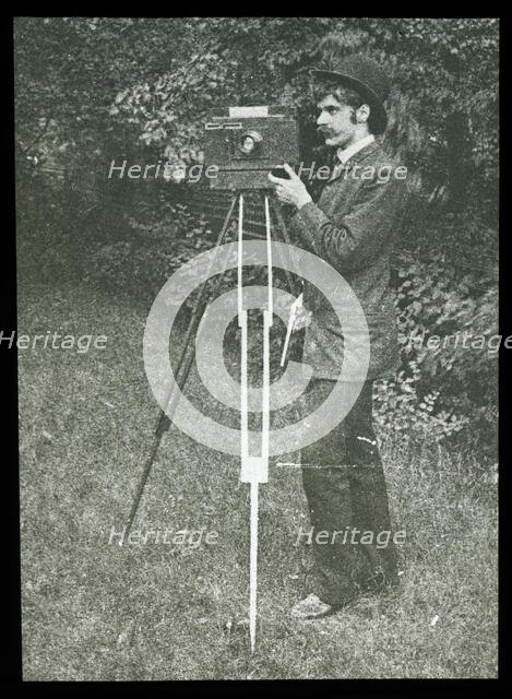 Self-Portrait with camera, tripod and pistol, 1886. Creator: Alfred Stieglitz.