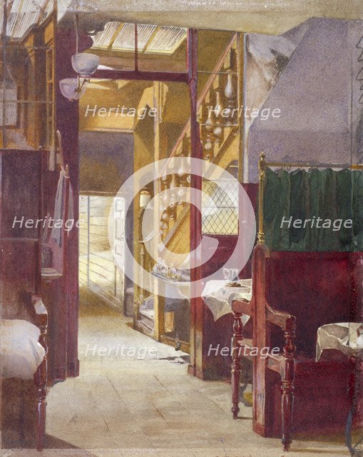 Interior view showing the staircase at the Cock Tavern, Fleet Street, City of London, 1881. Artist: John Crowther