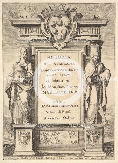 Frontispiece: a monument decorated with the Medici coat of arms at top in center, flames a..., 1640. Creator: Stefano della Bella.