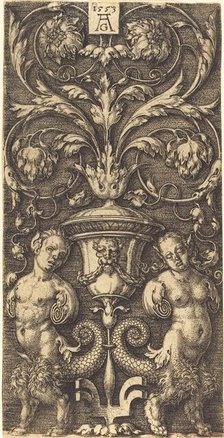 Ornament with Vase and Two Female Figures, 1553. Creator: Heinrich Aldegrever.