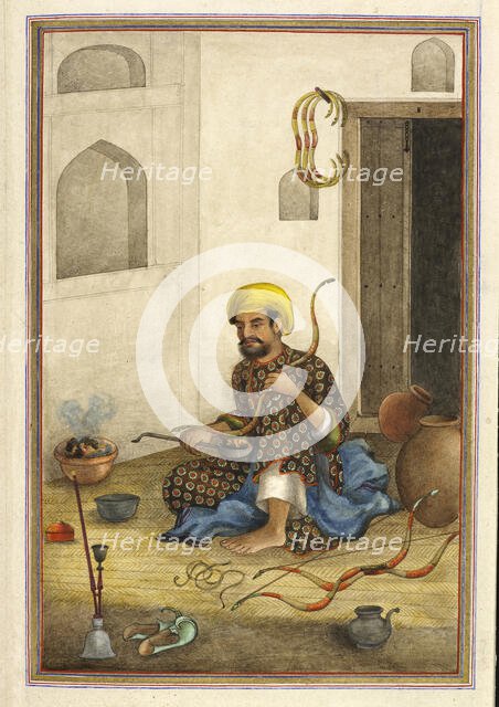 Kamdangar, a bowmaker - Shown bending the wood of a bow over a bowl of embers, 1825. Creator: Anon.