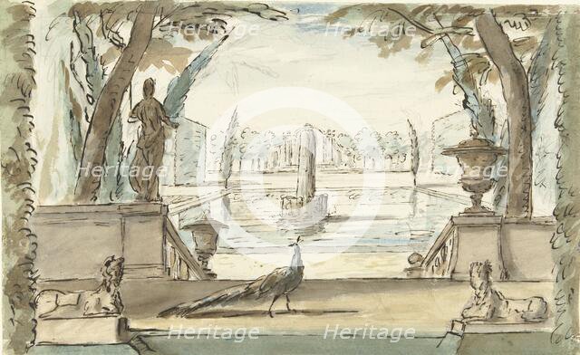 View of a garden with a pond, a fountain and a peacock, 1677-1755. Creator: Elias van Nijmegen.