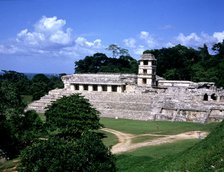 Exterior view of 'The Palace' in the Mayan ruins of Palenque.